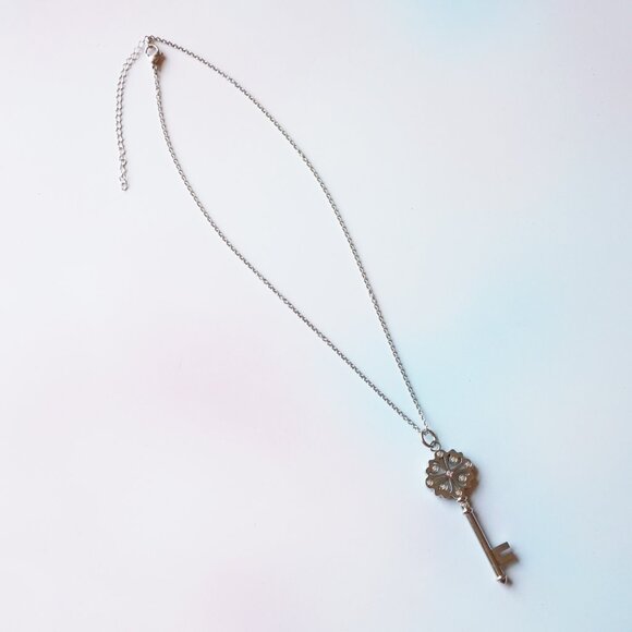 Vintage Y2K Silver Skeleton Key Pendant Necklace with Crystal Accents - Picture 2 of 4